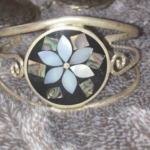 Vintage Black Onyx Abalone Alpaca Mexican Silver Bracelet